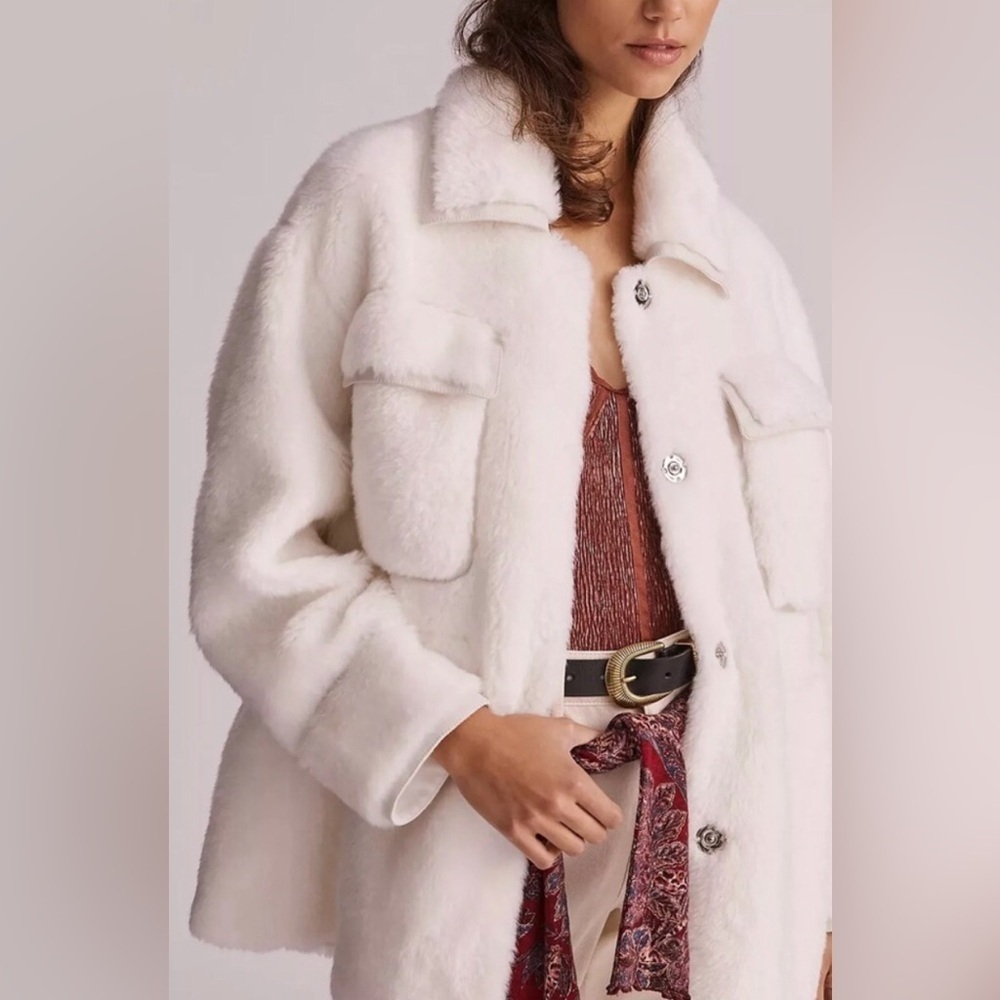 Anthropologie Maeve Cinched Soft & Elegant Faux Fur Coat in Ivory - Size Large
